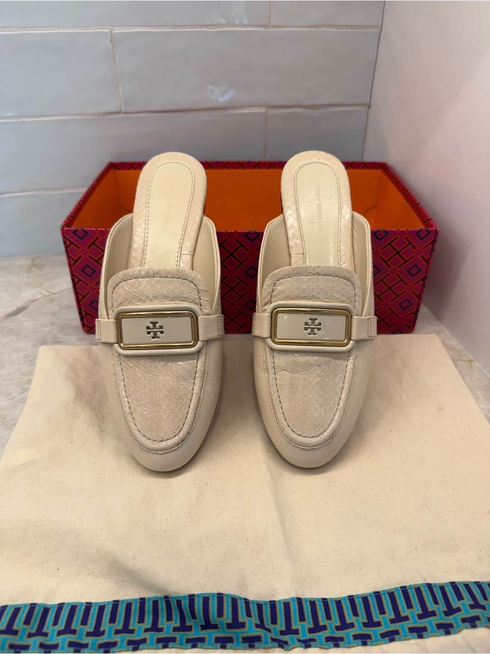 Tory Burch Pebbled Leather &  Ivory Mule with Gold Buckle
